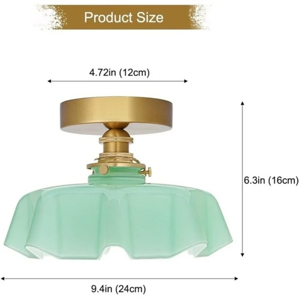 DSMJFU Brass Semi Flush Mount Ceiling Light Green Glass Small Flush Fixture NEW!
